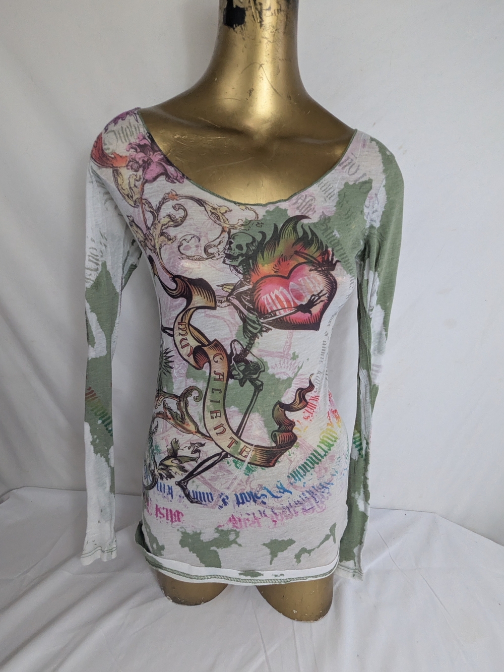 CDR Cider Y2K Heart Skull Tattoo Graphics Long Sleeve Blouse Medium